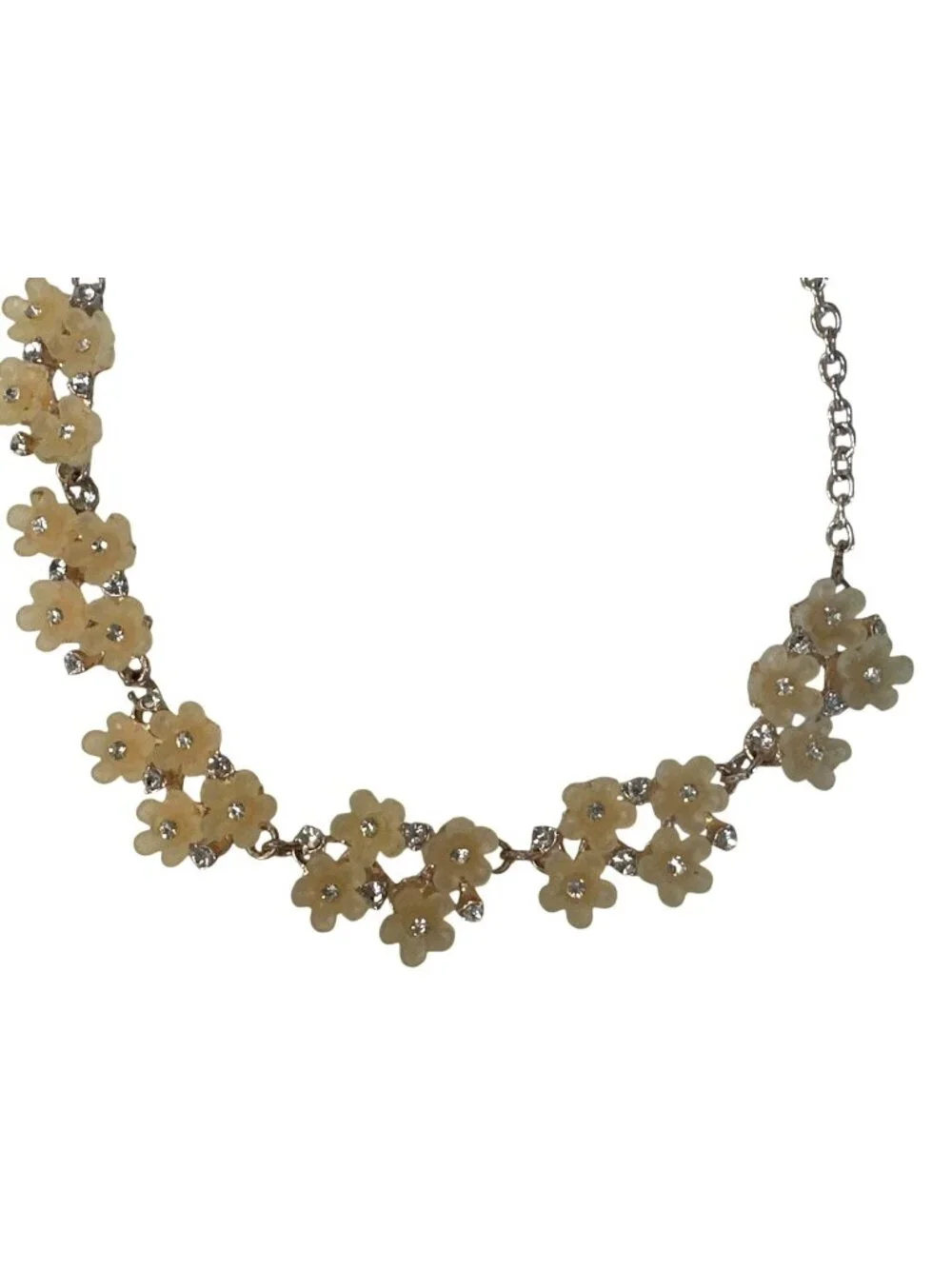 Cream Flower Rhinestone Necklace Gold-Tone Chain Bib Sparkly Dainty Cottage 18